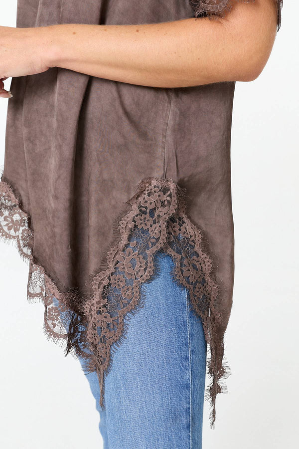 Brown | Lace Trim Asymmetric 1/2 Sleeve Top