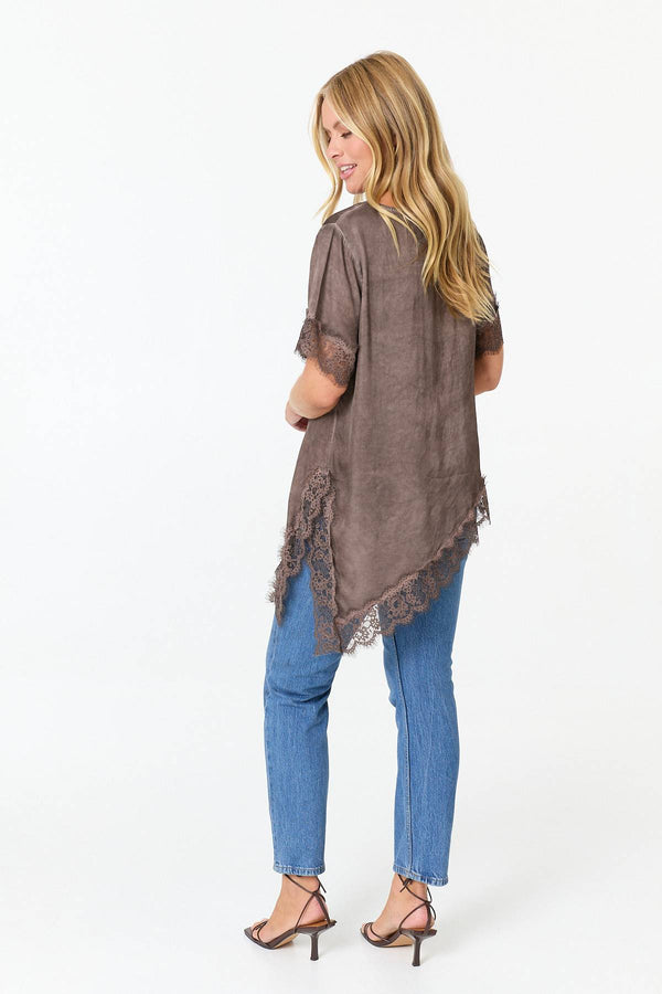 Brown | Lace Trim Asymmetric 1/2 Sleeve Top