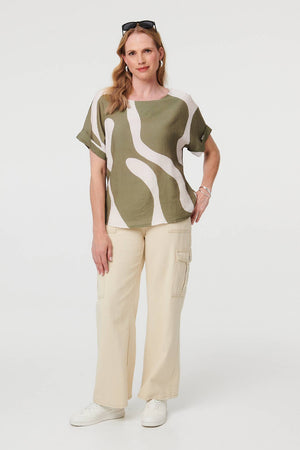 Khaki | Abstract Short Sleeve Relaxed Blouse