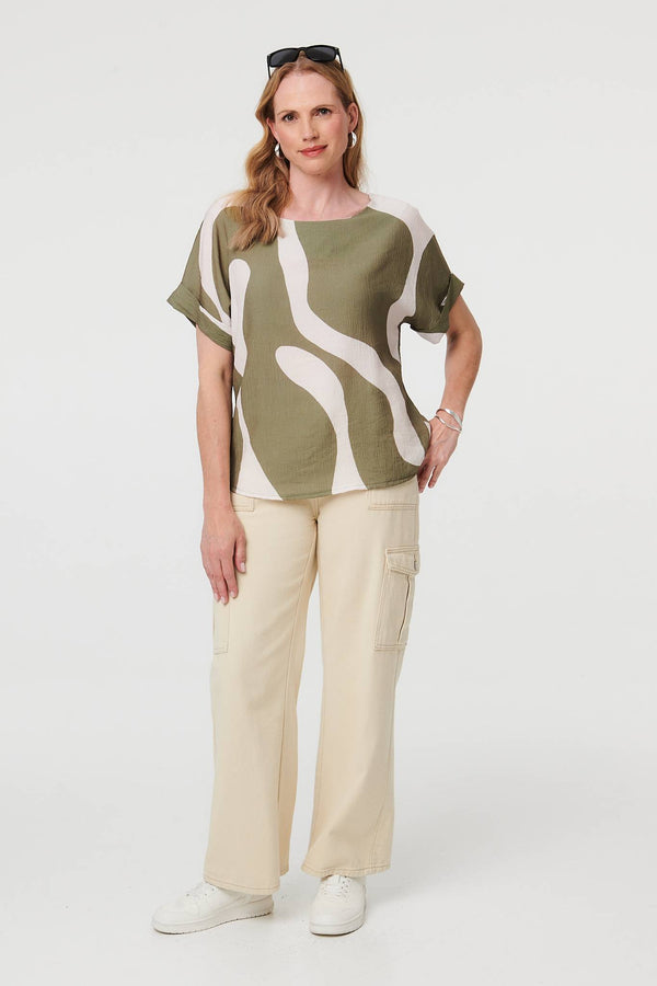 Khaki | Abstract Short Sleeve Relaxed Blouse