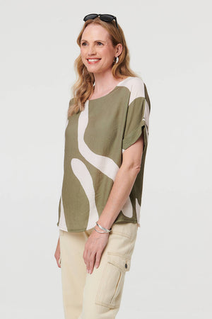 Khaki | Abstract Short Sleeve Relaxed Blouse