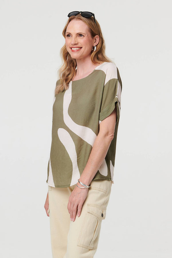 Khaki | Abstract Short Sleeve Relaxed Blouse