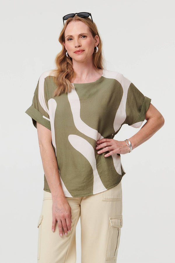 Khaki | Abstract Short Sleeve Relaxed Blouse
