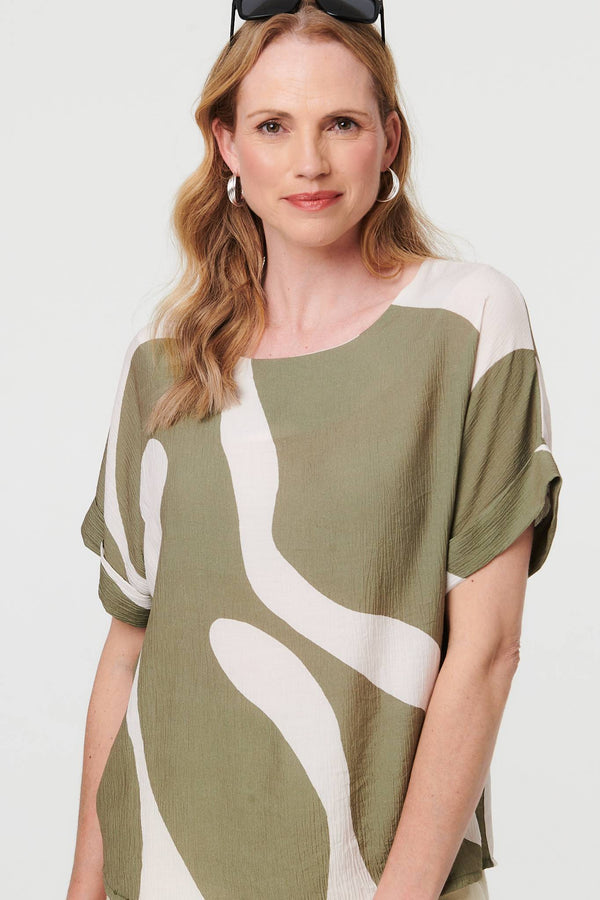 Khaki | Abstract Short Sleeve Relaxed Blouse