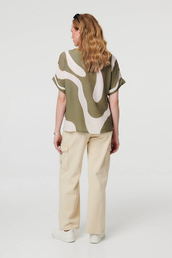 Khaki | Abstract Short Sleeve Relaxed Blouse