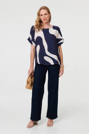 Navy | Abstract Short Sleeve Relaxed Blouse