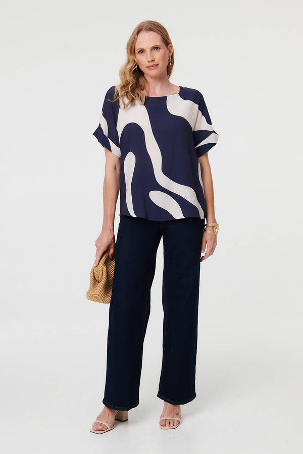 Navy | Abstract Short Sleeve Relaxed Blouse