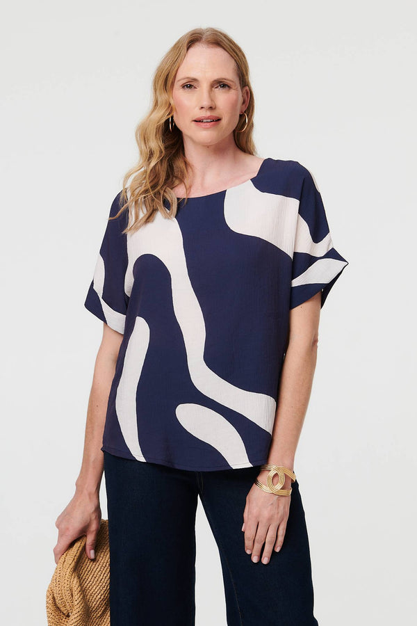 Navy | Abstract Short Sleeve Relaxed Blouse