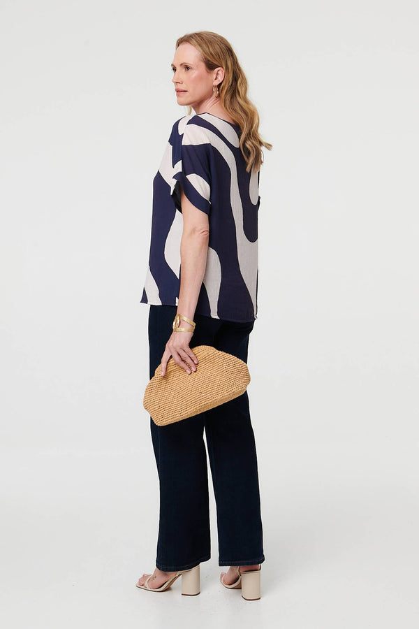 Navy | Abstract Short Sleeve Relaxed Blouse
