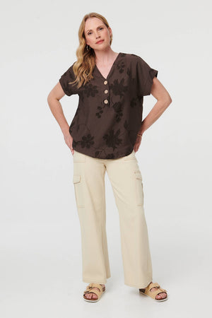Brown | Floral Embroidered V-Neck Relaxed Blouse