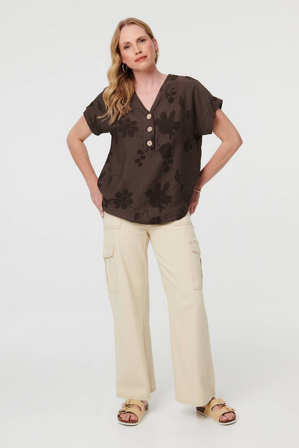 Brown | Floral Embroidered V-Neck Relaxed Blouse
