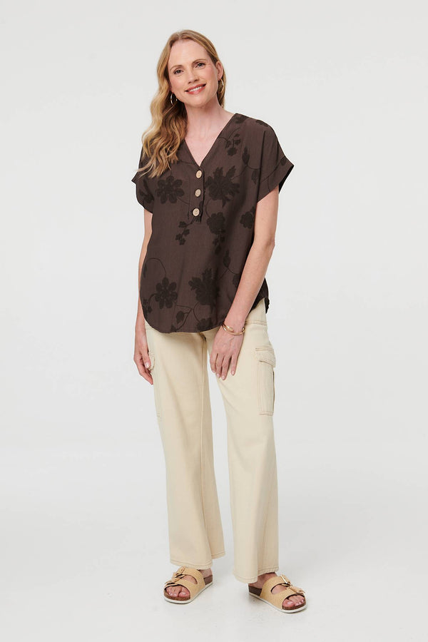 Brown | Floral Embroidered V-Neck Relaxed Blouse