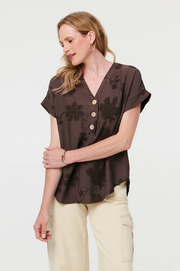 Brown | Floral Embroidered V-Neck Relaxed Blouse
