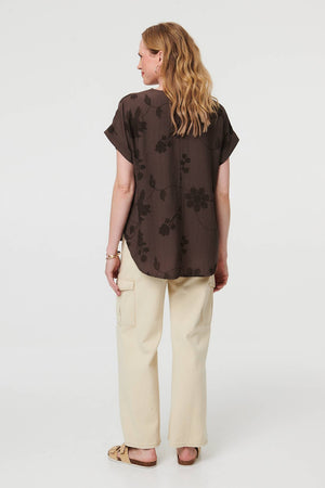 Brown | Floral Embroidered V-Neck Relaxed Blouse