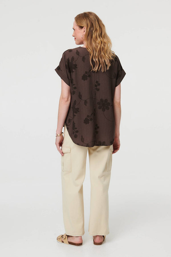 Brown | Floral Embroidered V-Neck Relaxed Blouse