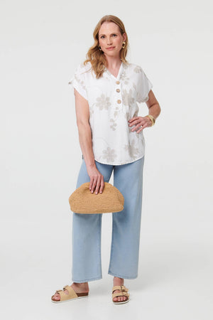 White | Floral Embroidered V-Neck Relaxed Blouse