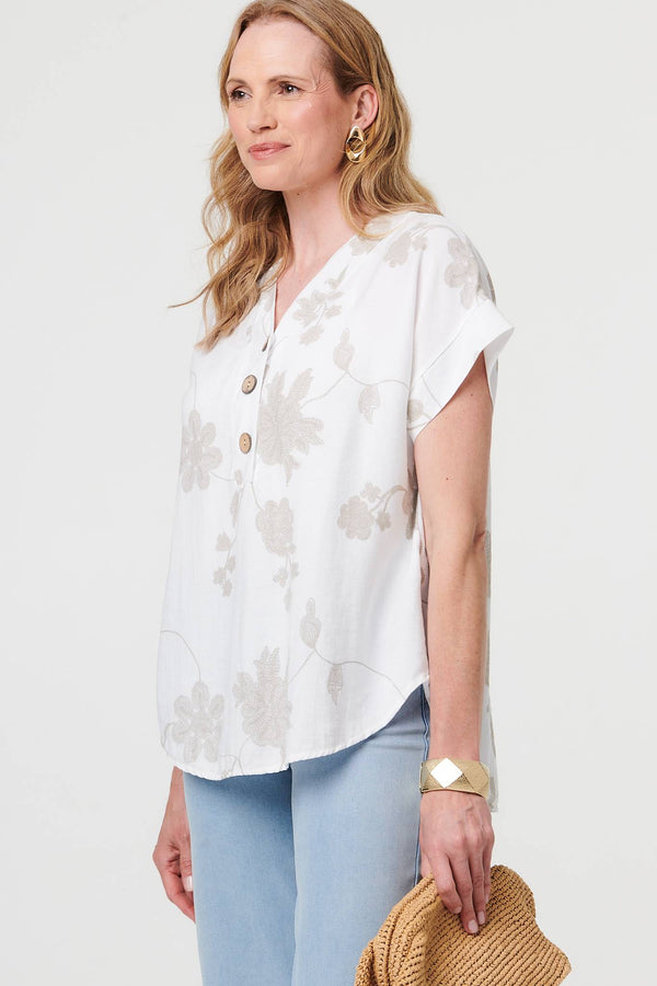 White | Floral Embroidered V-Neck Relaxed Blouse