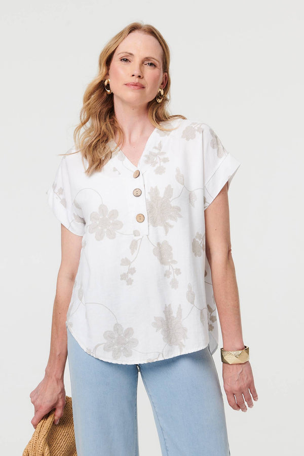 White | Floral Embroidered V-Neck Relaxed Blouse