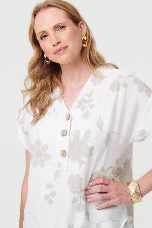 White | Floral Embroidered V-Neck Relaxed Blouse : Model is 5'9