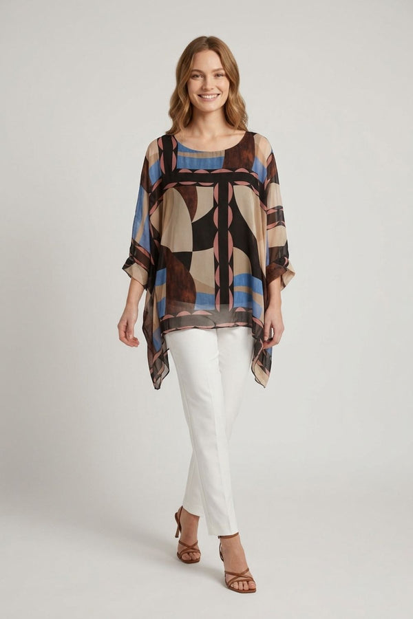 Black | Abstract 3/4 Sleeve Layered Tunic Blouse