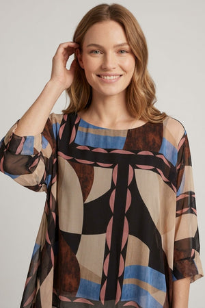 Black | Abstract 3/4 Sleeve Layered Tunic Blouse