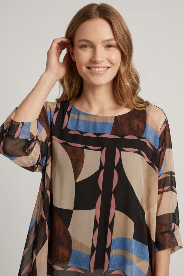 Black | Abstract 3/4 Sleeve Layered Tunic Blouse