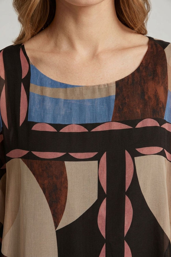 Black | Abstract 3/4 Sleeve Layered Tunic Blouse