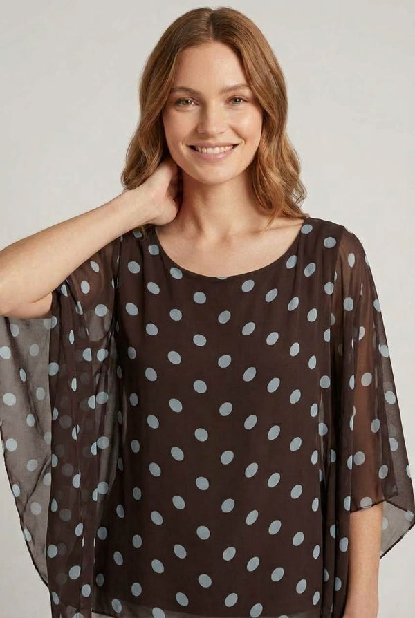 Brown | Polka Dot Print 3/4 Sleeve Tunic Blouse