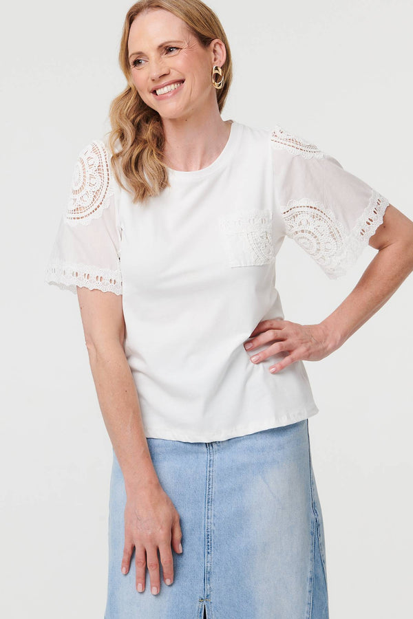 White | Lace Texture Short Sleeve T-Shirt
