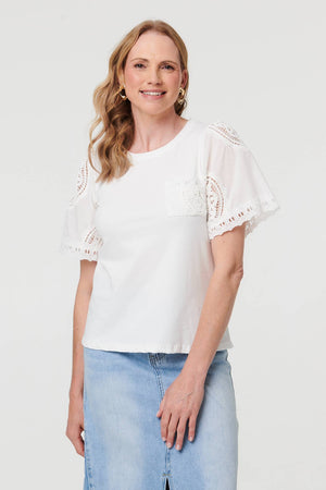 White | Lace Texture Short Sleeve T-Shirt
