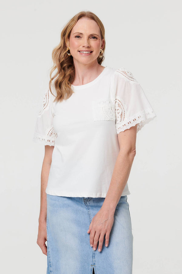 White | Lace Texture Short Sleeve T-Shirt