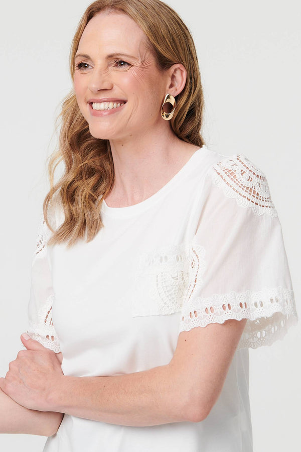 White | Lace Texture Short Sleeve T-Shirt