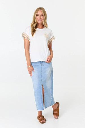White | Crochet Embellished Short Sleeve T-Shirt