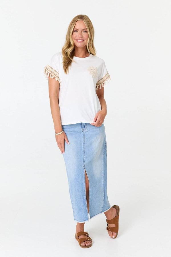 White | Crochet Embellished Short Sleeve T-Shirt