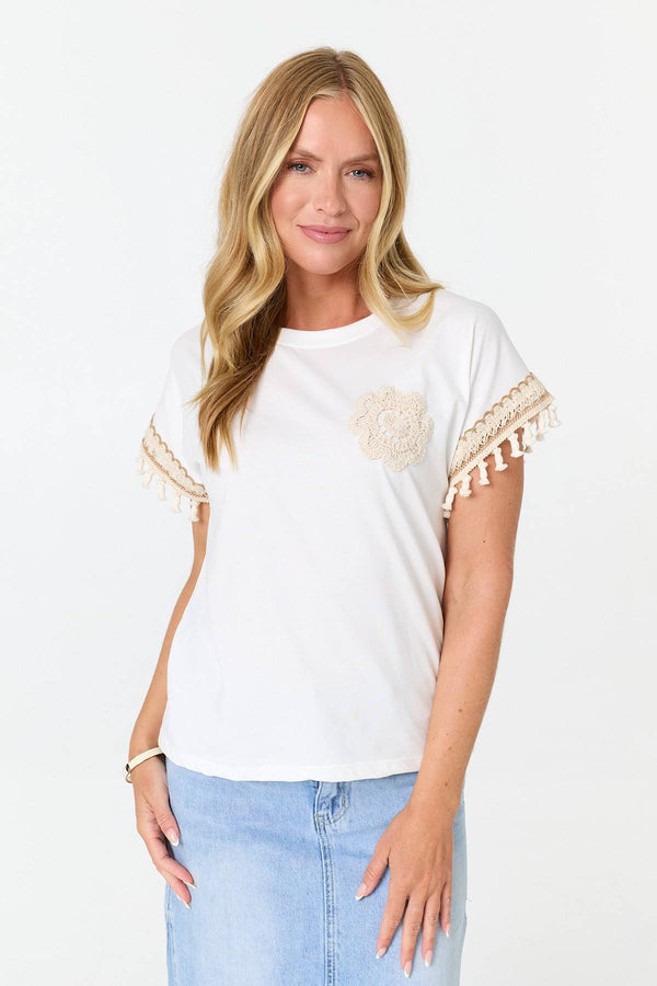 White | Crochet Embellished Short Sleeve T-Shirt