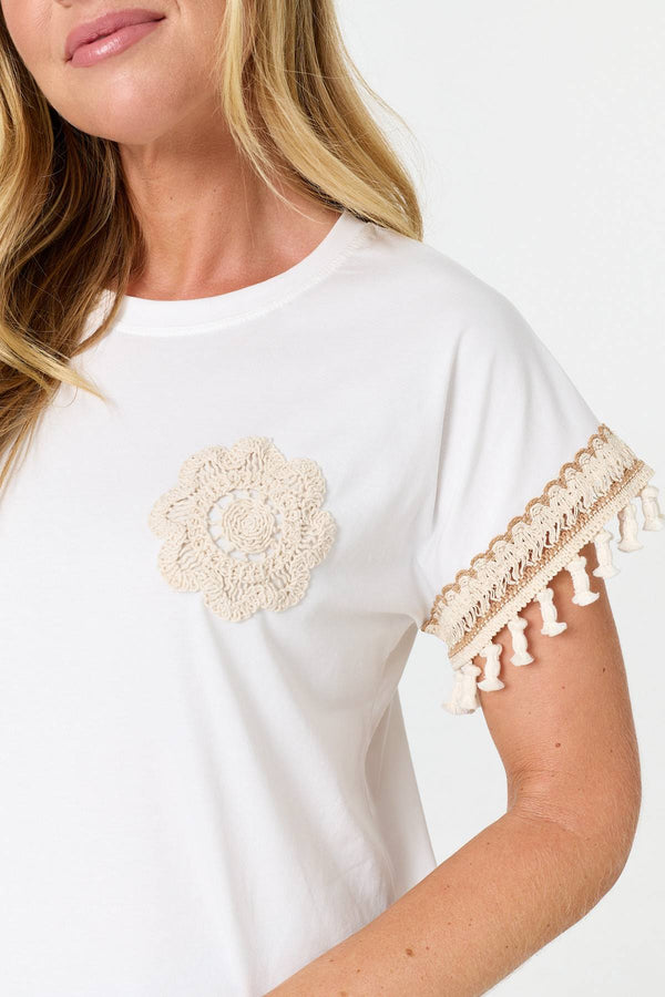 White | Crochet Embellished Short Sleeve T-Shirt