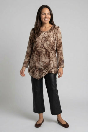 Brown | Printed Long Sleeve Hanky Hem Tunic Top
