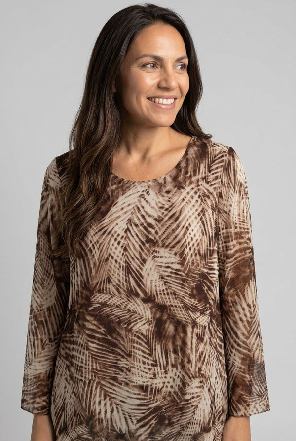 Brown | Printed Long Sleeve Hanky Hem Tunic Top