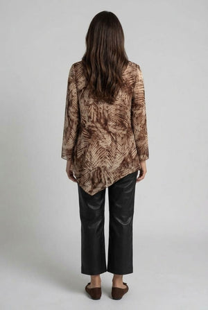 Brown | Printed Long Sleeve Hanky Hem Tunic Top