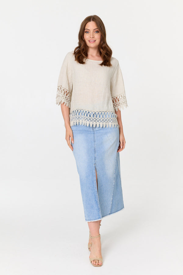 Khaki | Lace Trim Relaxed 3/4 Sleeve Blouse