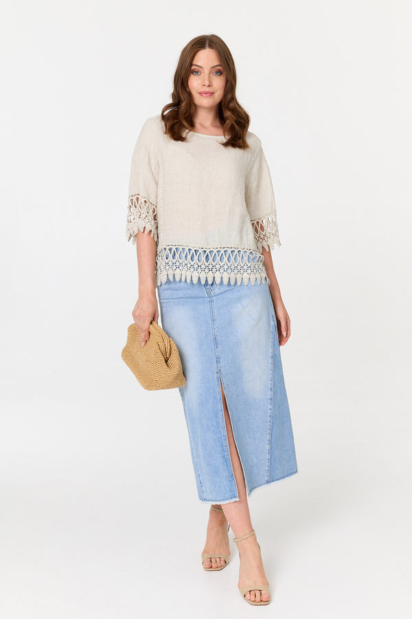 Khaki | Lace Trim Relaxed 3/4 Sleeve Blouse