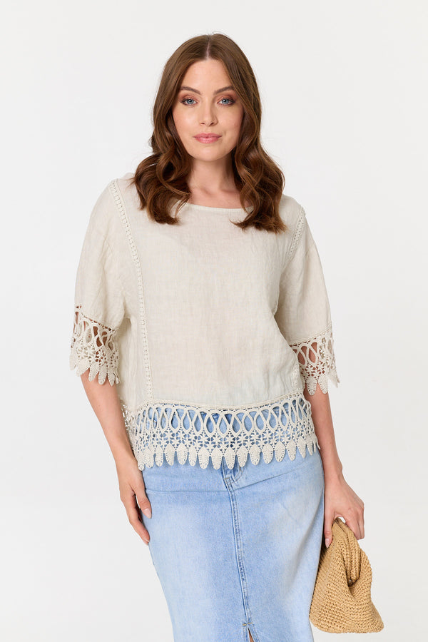 Khaki | Lace Trim Relaxed 3/4 Sleeve Blouse