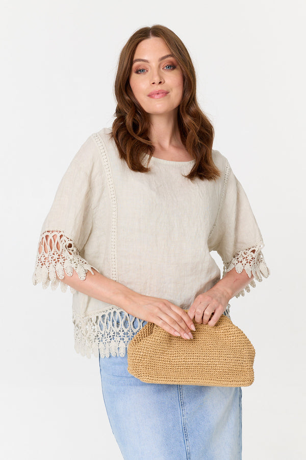 Khaki | Lace Trim Relaxed 3/4 Sleeve Blouse