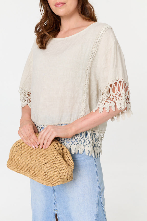 Khaki | Lace Trim Relaxed 3/4 Sleeve Blouse