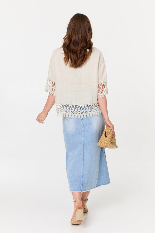 Khaki | Lace Trim Relaxed 3/4 Sleeve Blouse