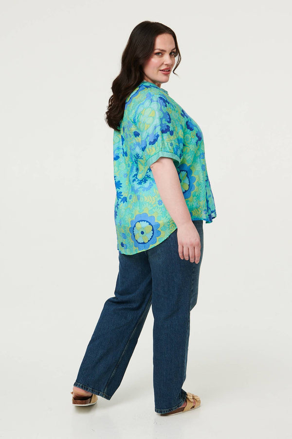 Green | Curve Floral Stud Short Sleeve Blouse