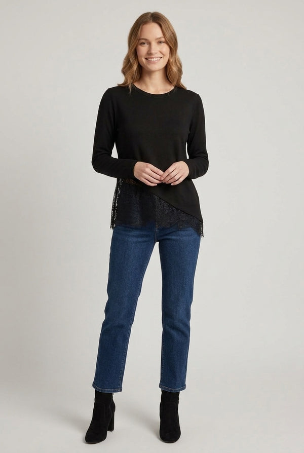 Black | Lace Trim Asymmetric Long Sleeve Top