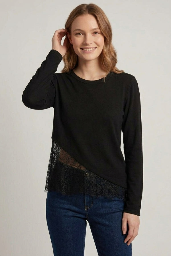 Black | Lace Trim Asymmetric Long Sleeve Top