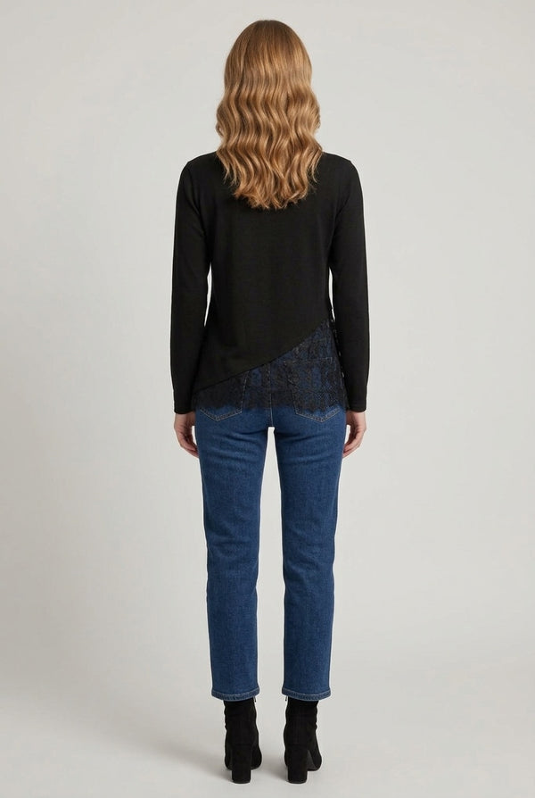 Black | Lace Trim Asymmetric Long Sleeve Top