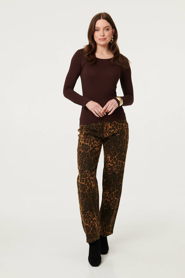 Brown | Long Sleeve Slim Scoop Neck Top